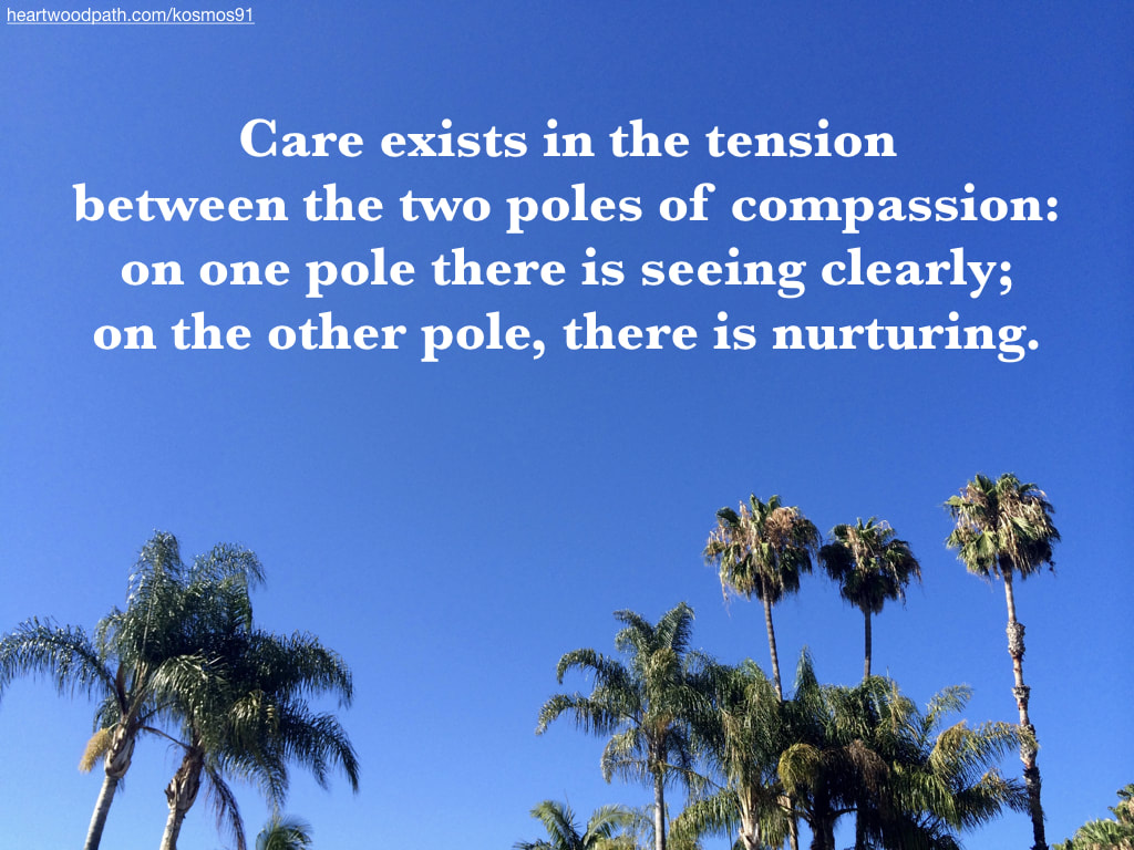 picture palm tree and words on sky - Care exists in the tension between the two poles of compassion: on one pole there is seeing clearly; on the other pole, there is nurturing