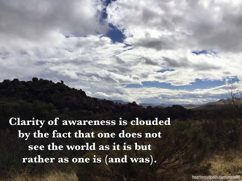 Picture clouds boulders bushes quote Clarity of awareness is clouded by the fact that one does not see the world as it is but rather as one is (and was)