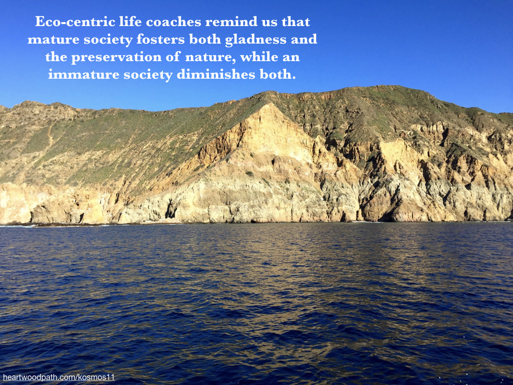 picture of island and quote Eco-centric life coaches remind us that mature society fosters both gladness and the preservation of nature, while an immature society diminishes both