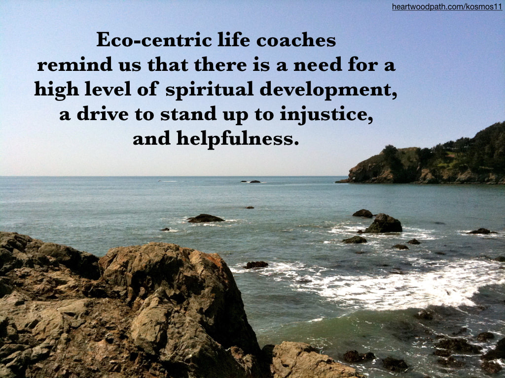 picture of rocky coast and words reading Eco-centric life coaches remind us that there is a need for a high level of spiritual development, a drive to stand up to injustice, and helpfulness