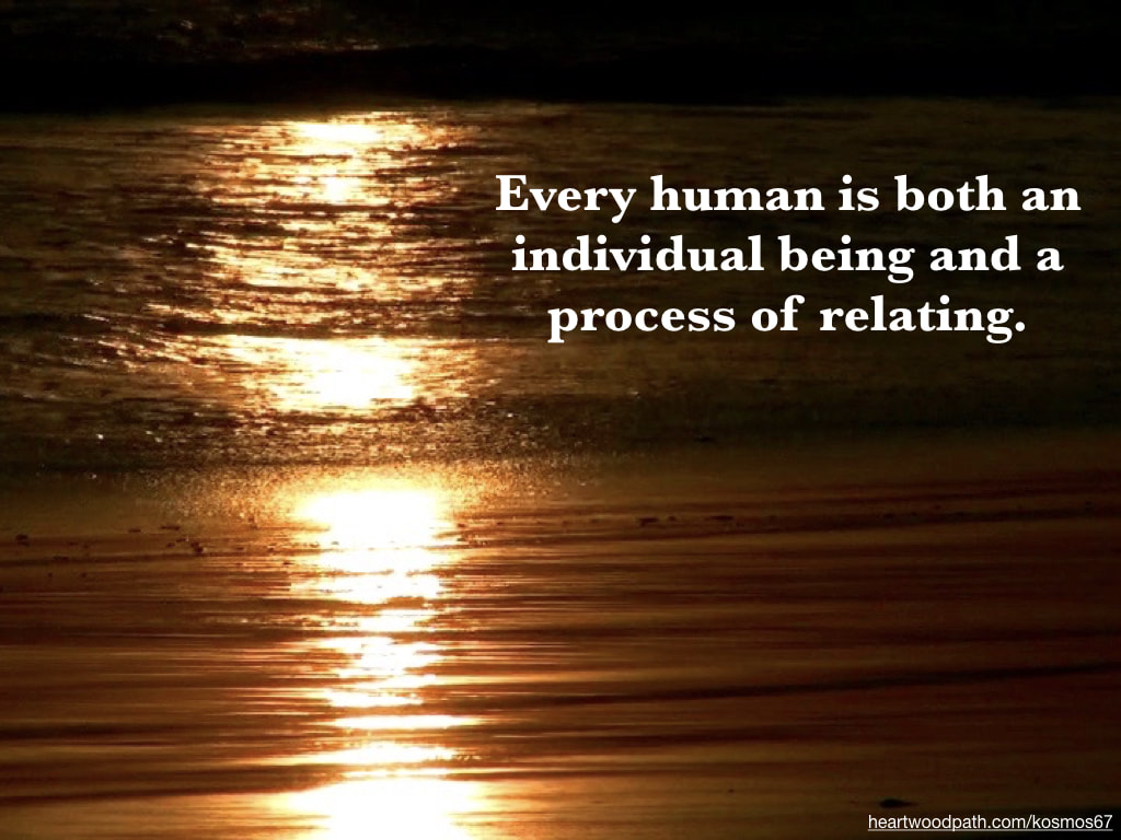 Picture sunset reflection on wet sand with words Every human is both an individual being and a process of relating
