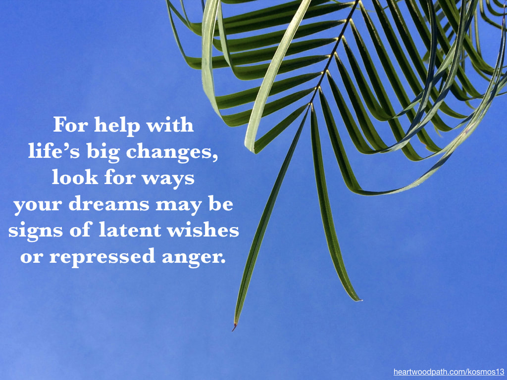 picture of palm frond and words -For help with life’s big changes, look for ways your dreams may be signs of latent wishes or repressed anger