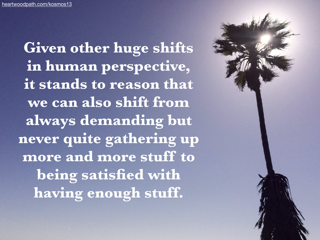 picture of palm tree and quote - Given other huge shifts in human perspective, it stands to reason that we can also shift from always demanding but never quite gathering up more and more stuff to being satisfied with having enough stuff