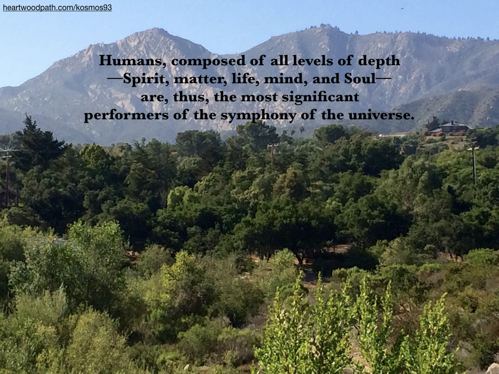 Picture forest mountain with quote Humans, composed of all levels of depth––Spirit, matter, life, mind, and Soul––are, thus, the most significant performers of the symphony of the universe.