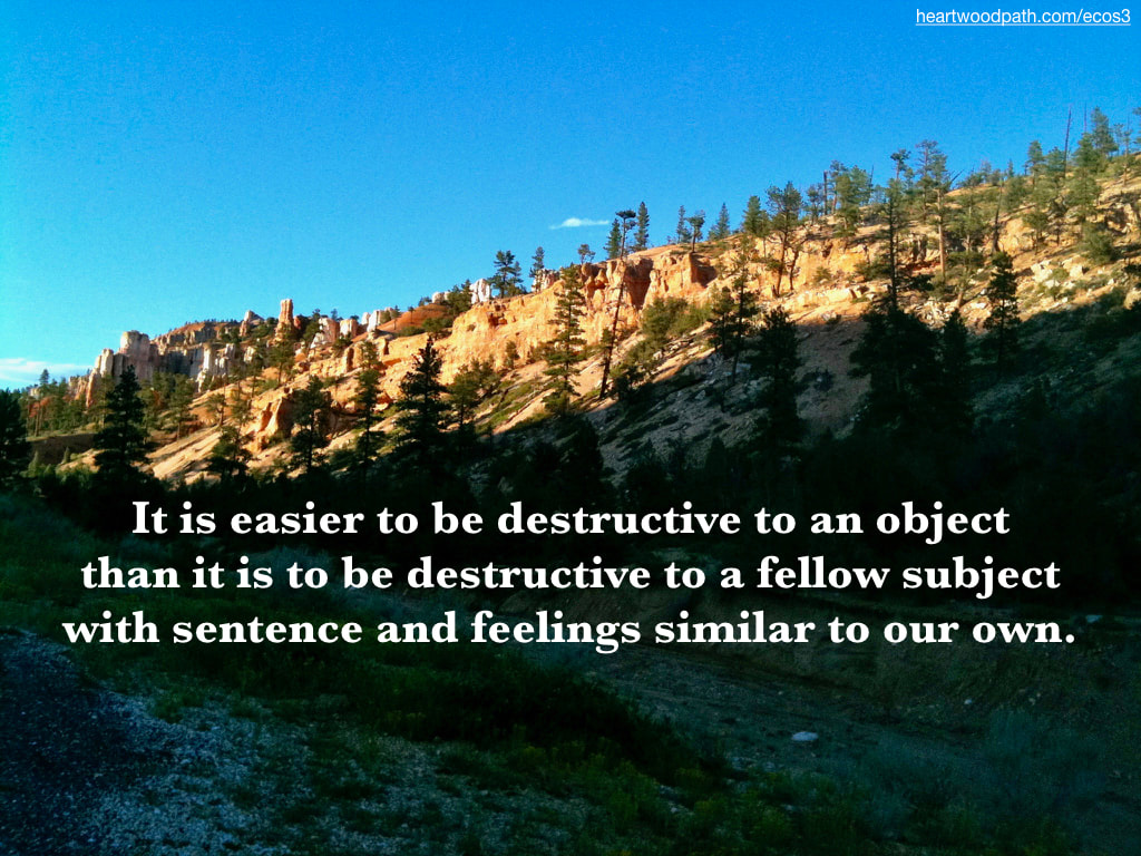 Picture pine trees rocky mountain quote It is easier to be destructive to an object than it is to be destructive to a fellow subject with sentence and feelings similar to our own