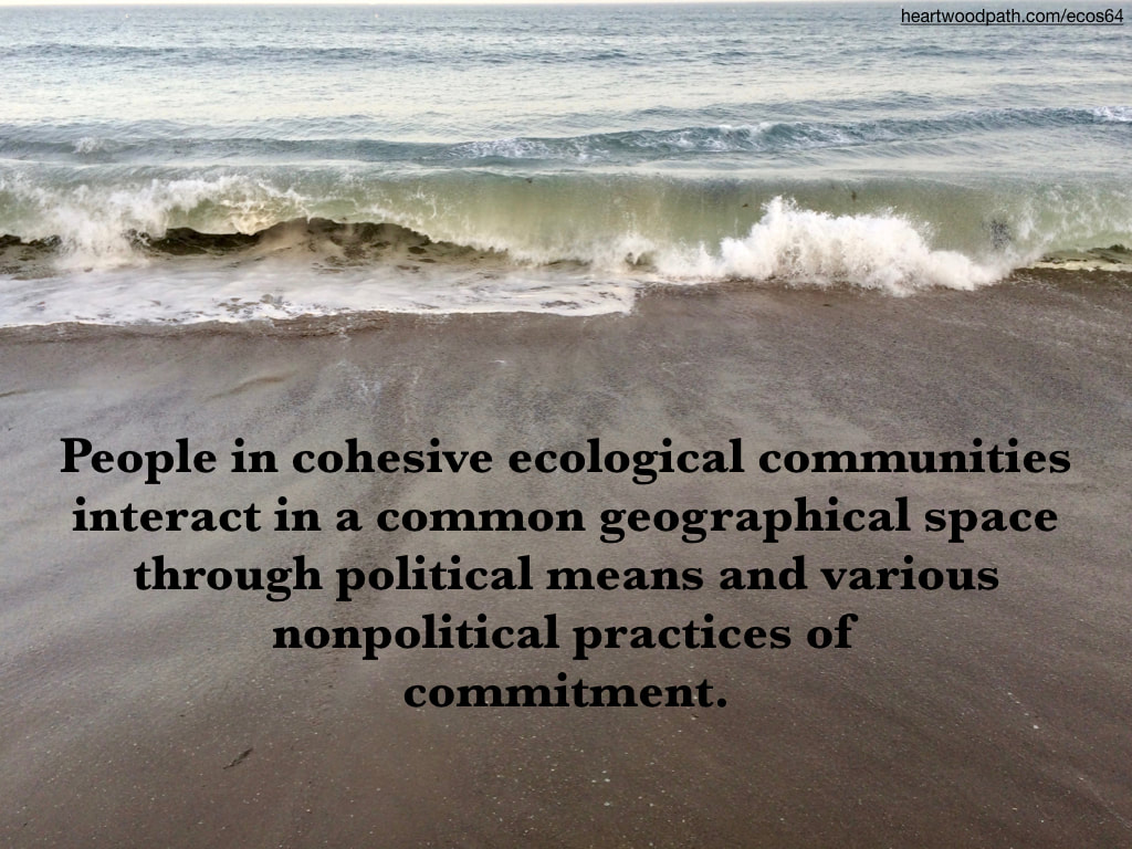 Picture ocean rushing onto sand beach quote People in cohesive ecological communities interact in a common geographical space through political means and various nonpolitical practices of commitment