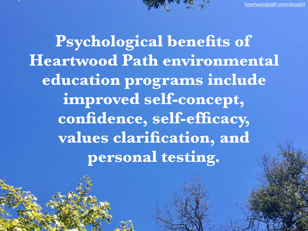 Picture trees blue sky quote Psychological benefits of Heartwood Path environmental education programs include improved self-concept, confidence, self-efficacy, values clarification, and personal testing