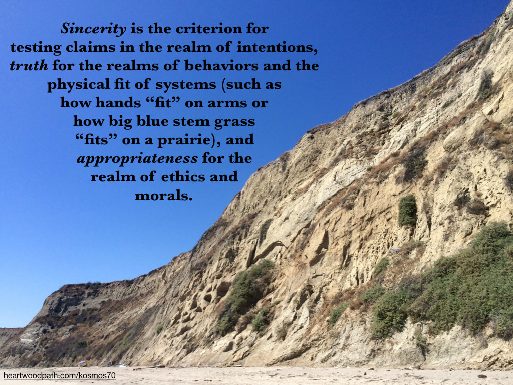 Picture beach cliff quote Sincerity is the criterion for testing claims in the realm of intentions, truth for the realms of behaviors and the physical fit of systems (such as how hands “fit” on arms or how big blue stem grass “fits” on a prairie), and appropriateness for the realm of ethics and morals. 