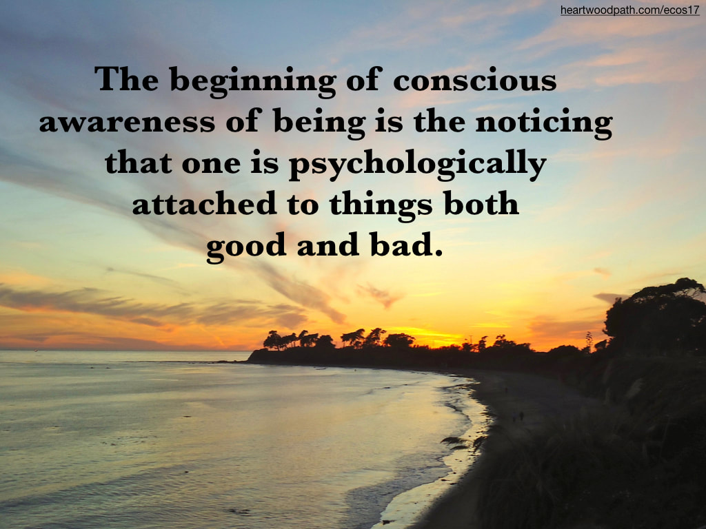 Picture orange sunset quote The beginning of conscious awareness of being is the noticing that one is psychologically attached to things both good and bad