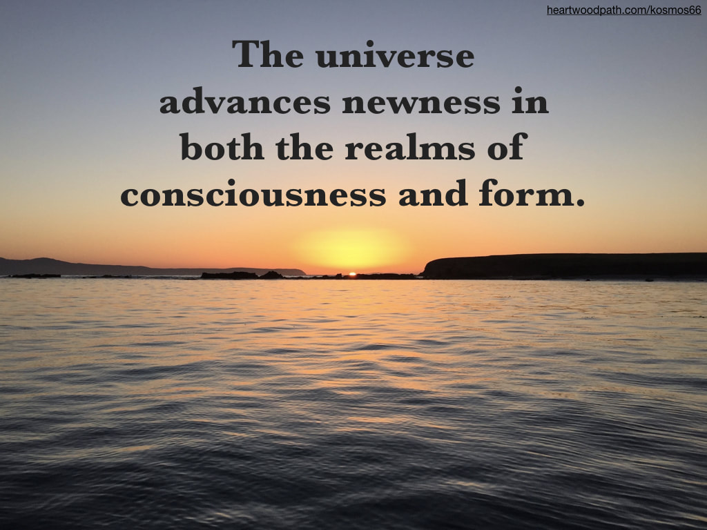 Picture sunset from the ocean with words - The universe advances newness in both the realms of consciousness and form