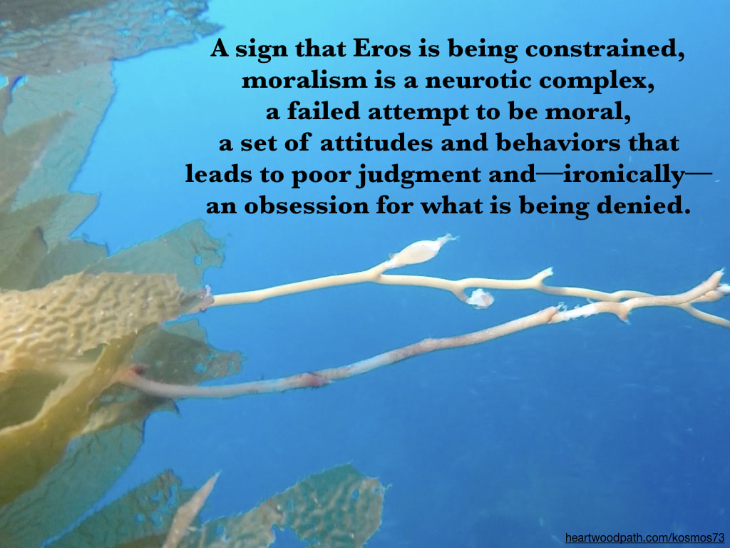 Picture seaweed underwater with words - A sign that Eros is being constrained, moralism is a neurotic complex, a failed attempt to be moral, a set of attitudes and behaviors that leads to poor judgment and--ironically--an obsession for what is being denied