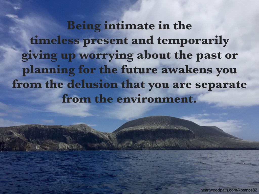 Picture erupted volcano with quote Being intimate in the timeless present and temporarily giving up worrying about the past or planning for the future awakens you from the delusion that you are separate from the environment