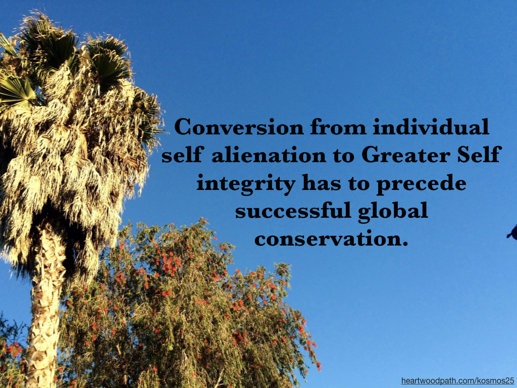 picture of trees and quote Conversion from individual self alienation to Greater Self integrity has to precede successful global conservation