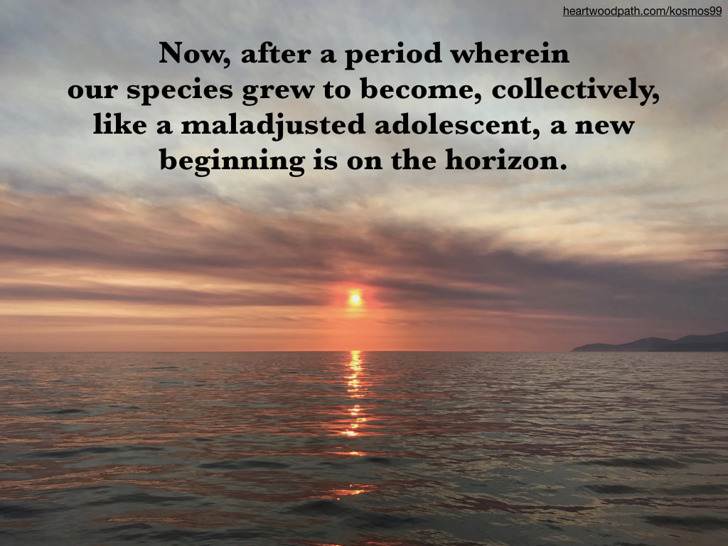 Picture sunset over ocean with quote Now, after a period wherein our species grew to become, collectively, like a maladjusted adolescent, a new beginning is on the horizon