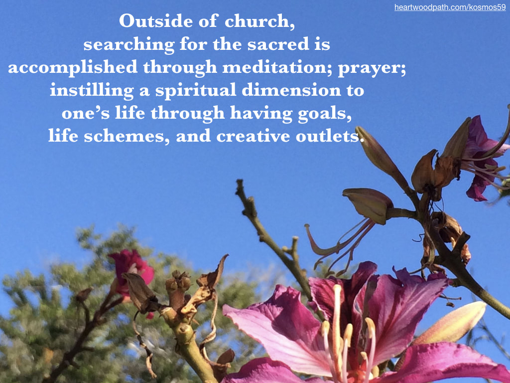 picture of pink flowers and words - Outside of church, searching for the sacred is accomplished through meditation; prayer; instilling a spiritual dimension to one’s life through having goals, life schemes, and creative outlets