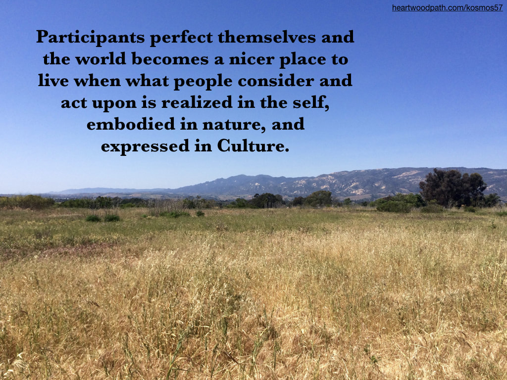Picture grassy field with words - Participants perfect themselves and the world becomes a nicer place to live when what people consider and act upon is realized in the self, embodied in nature, and expressed in Culture