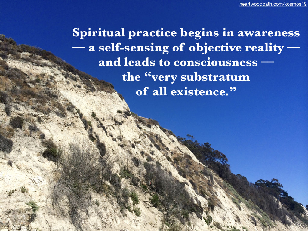 picture of coastal cliffs and quote Spiritual practice begins in awareness –– a self-sensing of objective reality –– and leads to consciousness –– the “very substratum of all existence.”