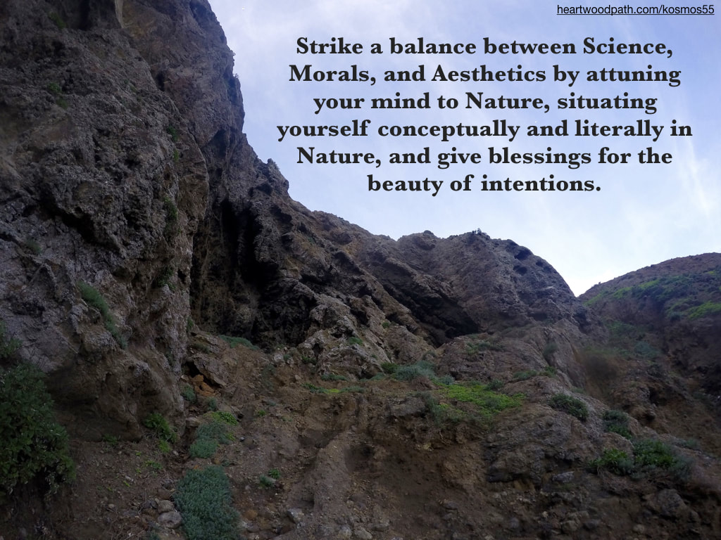 Picture rocky island with words - Strike a balance between Science, Morals, and Aesthetics by attuning your mind to Nature, situating yourself conceptually and literally in Nature, and give blessings for the beauty of intentions