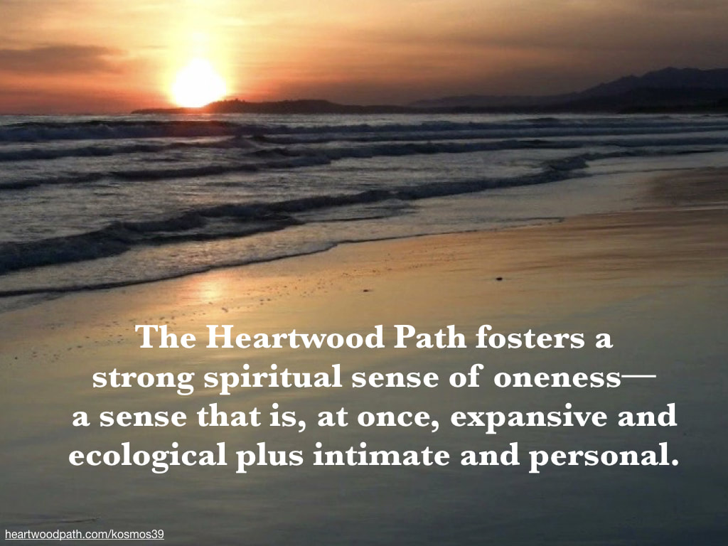 picture of sunset on the beach and words The Heartwood Path fosters a strong spiritual sense of oneness--a sense that is, at once, expansive and ecological plus intimate and personal