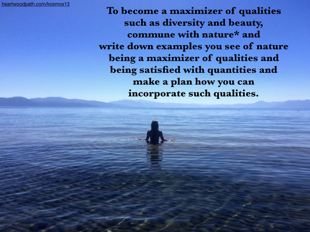picture of a person connecting with nature and doing eco psychology activity - To become a maximizer of qualities such as diversity and beauty, commune with nature* and write down examples you see of nature being a maximizer of qualities and being satisfied with quantities and make a plan how you can incorporate such qualities.