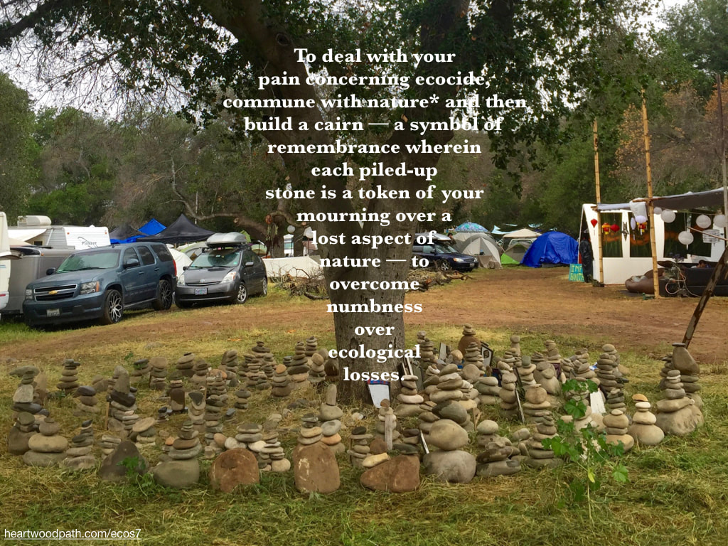 Picture cairns quote To deal with your pain concerning ecocide, commune with nature* and then build a cairn, -- a symbol of remembrance wherein each piled-up stone is a token of your mourning over a lost aspect of nature –– to overcome numbness over ecological losses.