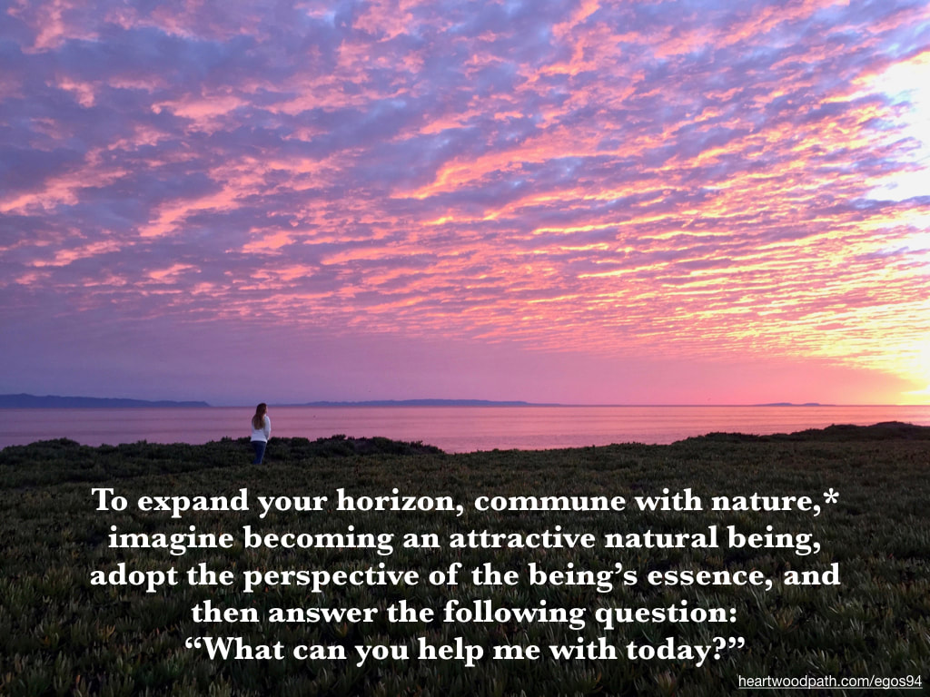 Picture connecting with nature personal growth activity To expand your horizon, commune with nature,* imagine becoming an attractive natural being, adopt the perspective of the being’s essence, and then answer the following question: “What can you help me with today?” 