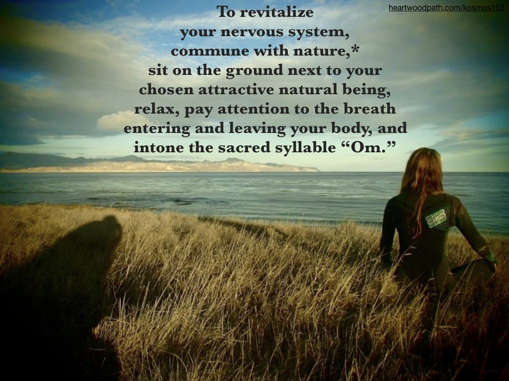 Picture connecting with nature doing eco psychology activity To revitalize your nervous system, commune with nature,* sit on the ground next to your chosen attractive natural being, relax, pay attention to the breath entering and leaving your body, and intone the sacred syllable “Om.”
