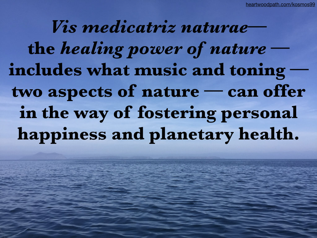 Picture ocean with quote Vis medicatriz naturae--the healing power of nature --includes what music and toning -- two aspects of nature --can offer in the way of fostering personal happiness and planetary health