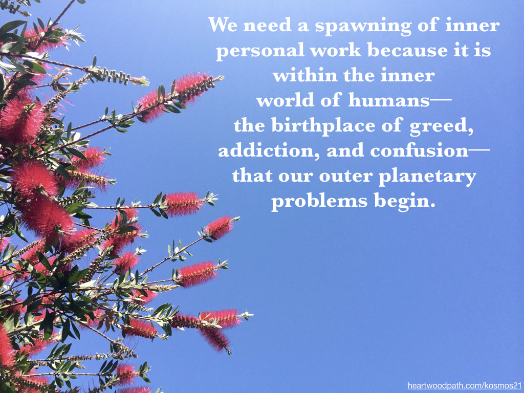 picture of flowers and quote - We need a spawning of inner personal work because it is within the inner world of humans––the birthplace of greed, addiction, and confusion––that our outer planetary problems begin